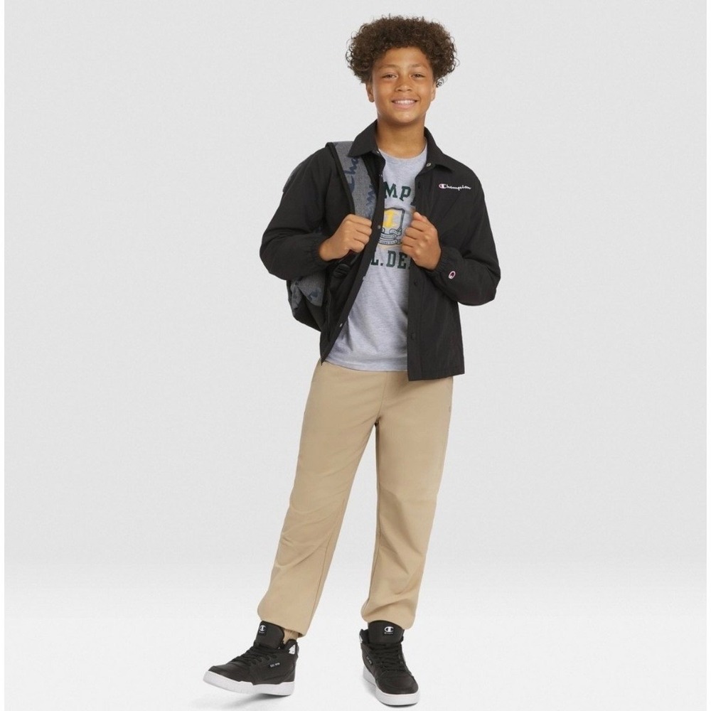Champion Kids Coaches Jacket Black Nylon Fleece Lined Snap Front Size M 10/12